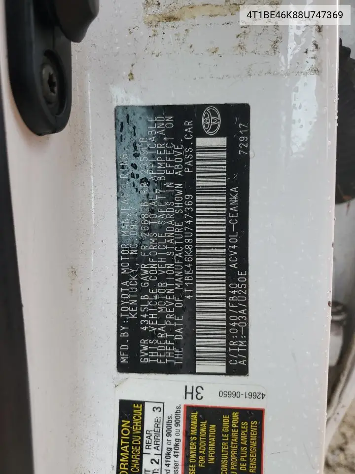 4T1BE46K88U747369 2008 Toyota Camry Ce