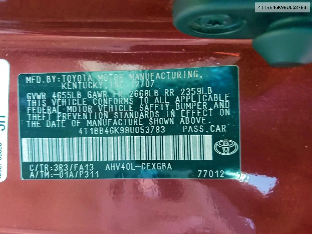 4T1BB46K98U053783 2008 Toyota Camry Hybrid