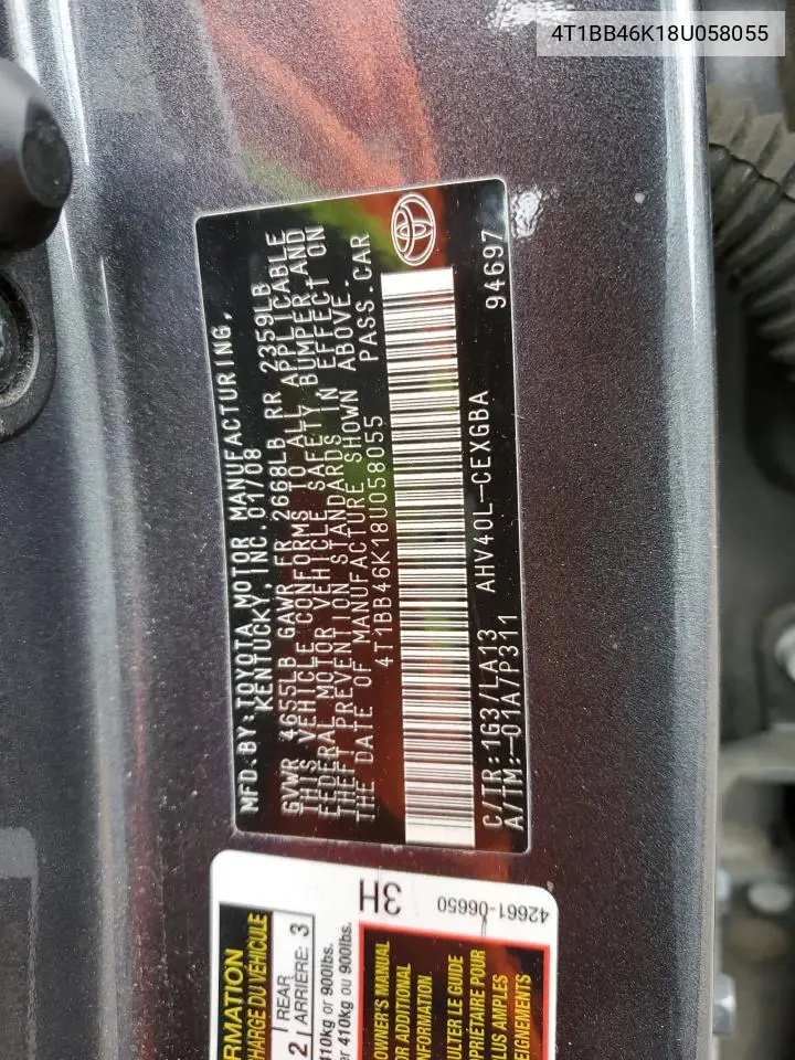 4T1BB46K18U058055 2008 Toyota Camry Hybrid