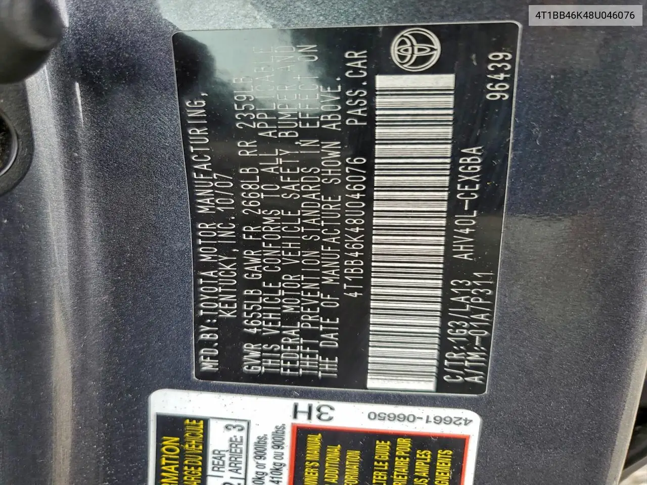 4T1BB46K48U046076 2008 Toyota Camry Hybrid