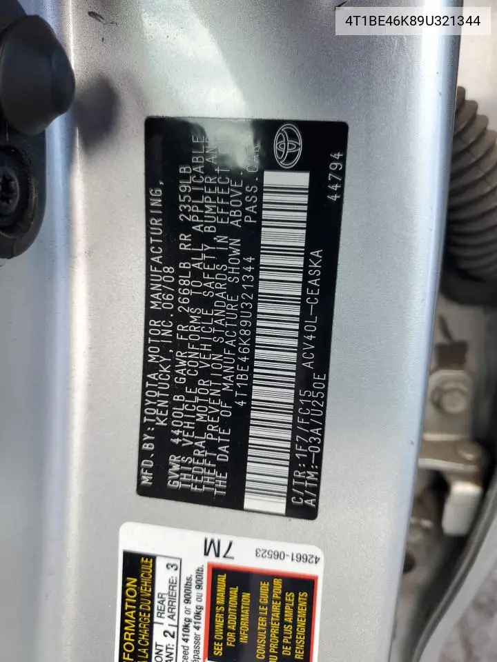4T1BE46K89U321344 2009 Toyota Camry Base