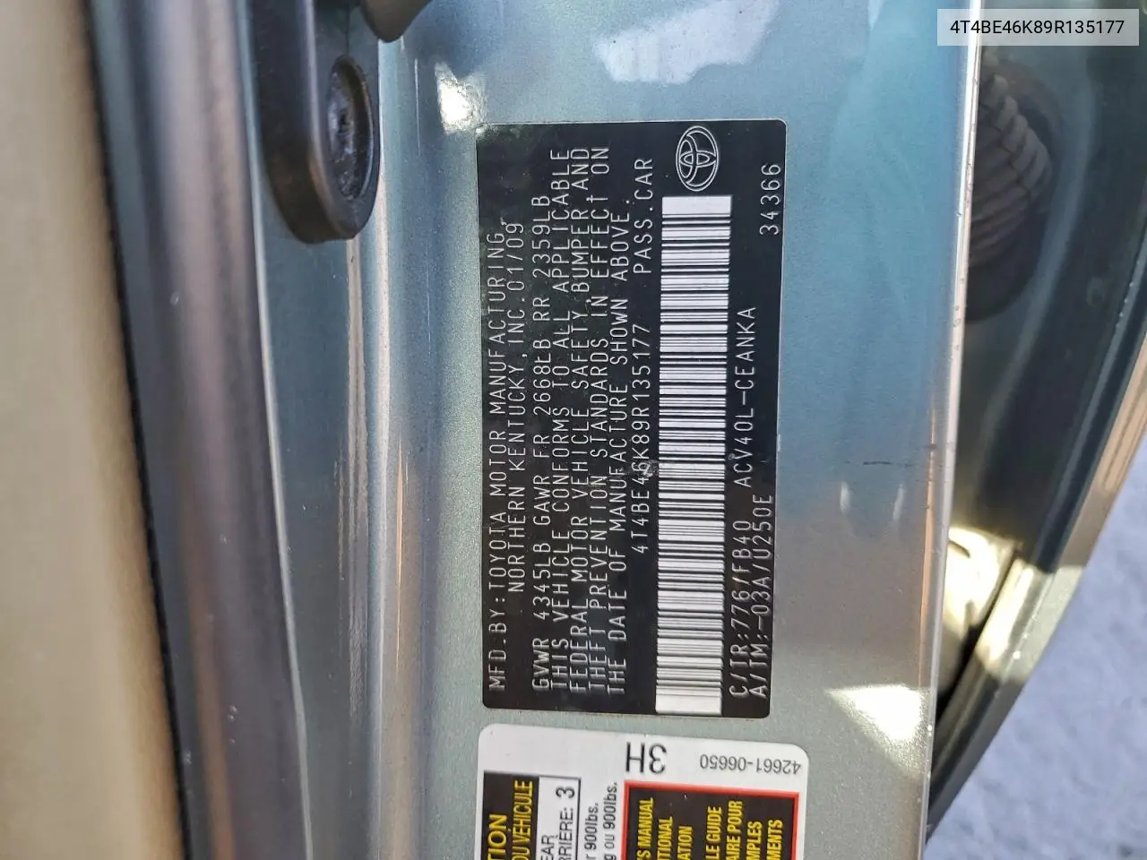 4T4BE46K89R135177 2009 Toyota Camry Base