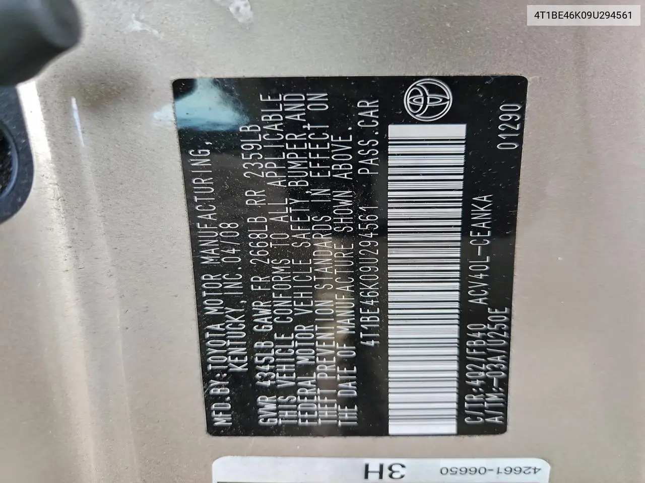 4T1BE46K09U294561 2009 Toyota Camry Base
