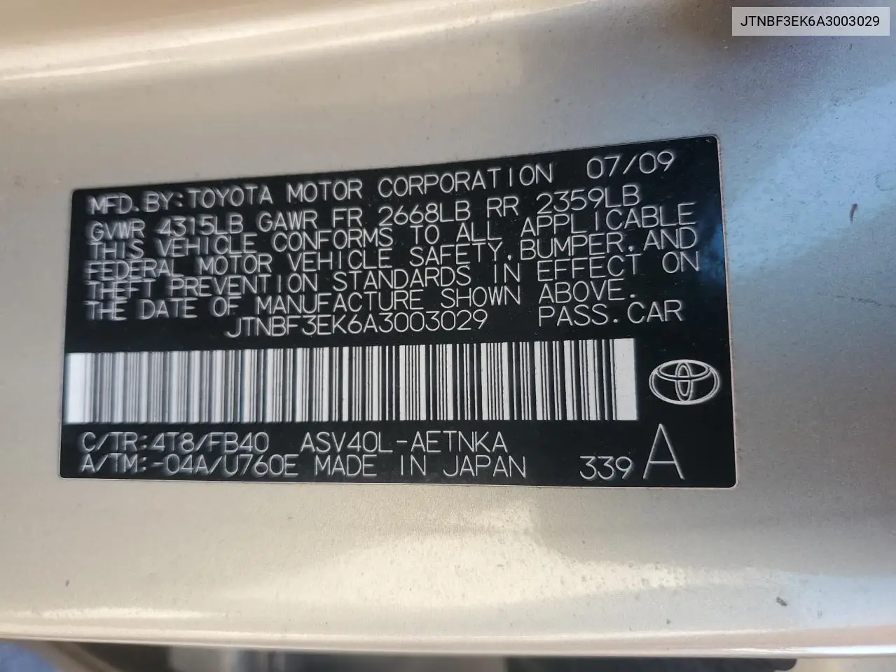 JTNBF3EK6A3003029 2010 Toyota Camry Base