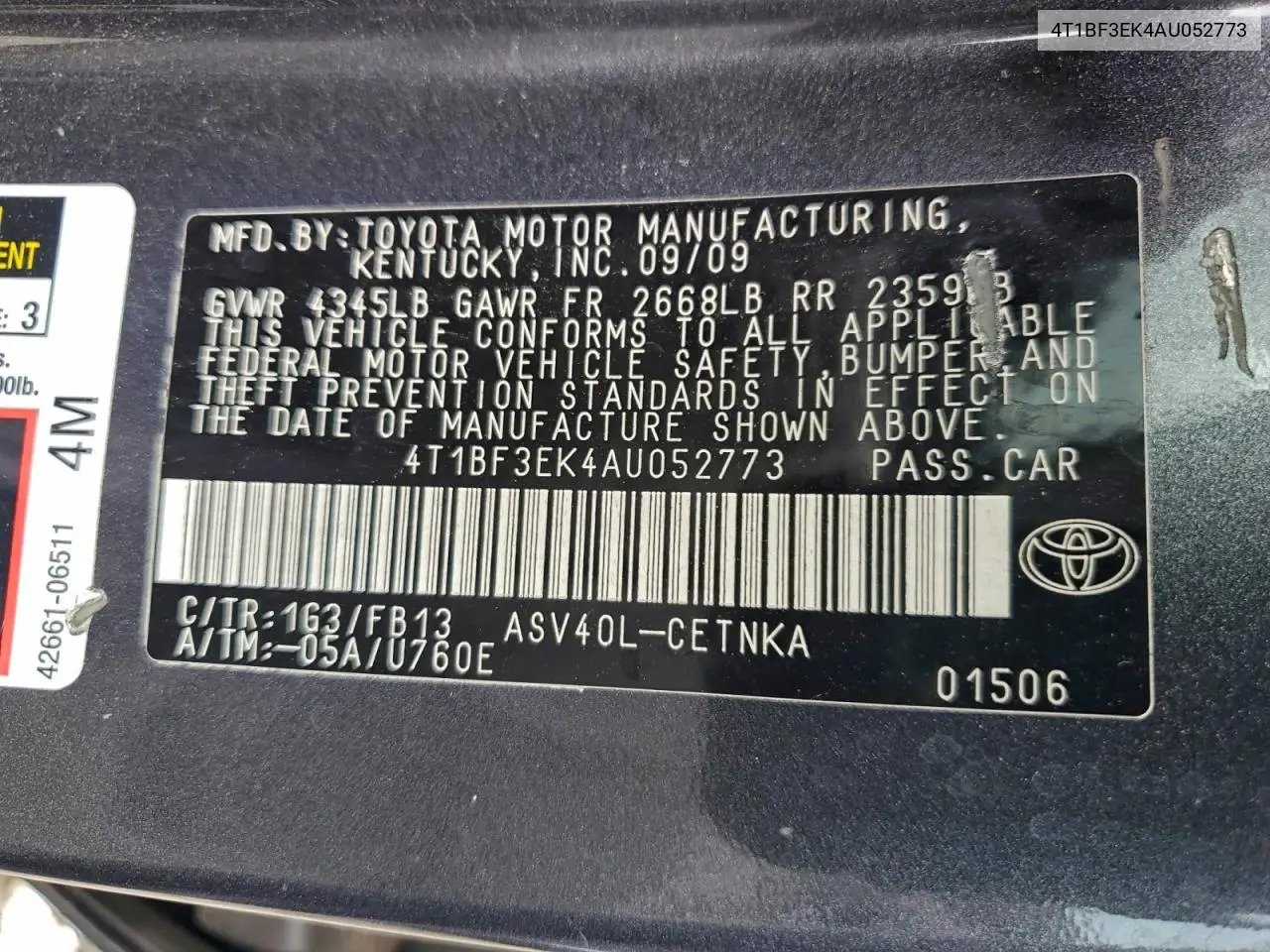 4T1BF3EK4AU052773 2010 Toyota Camry Base