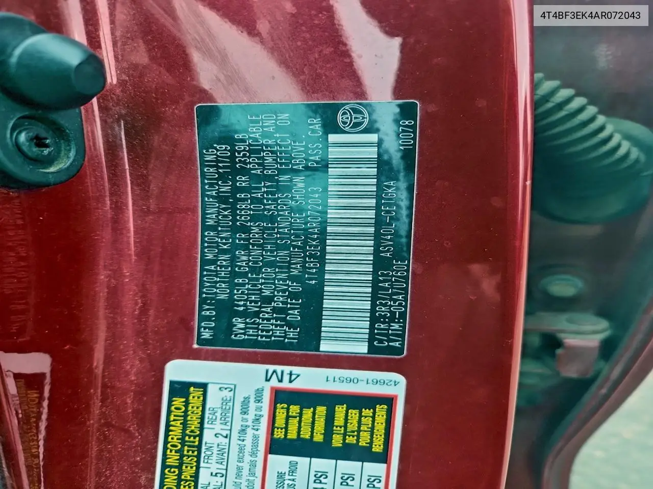 4T4BF3EK4AR072043 2010 Toyota Camry Base