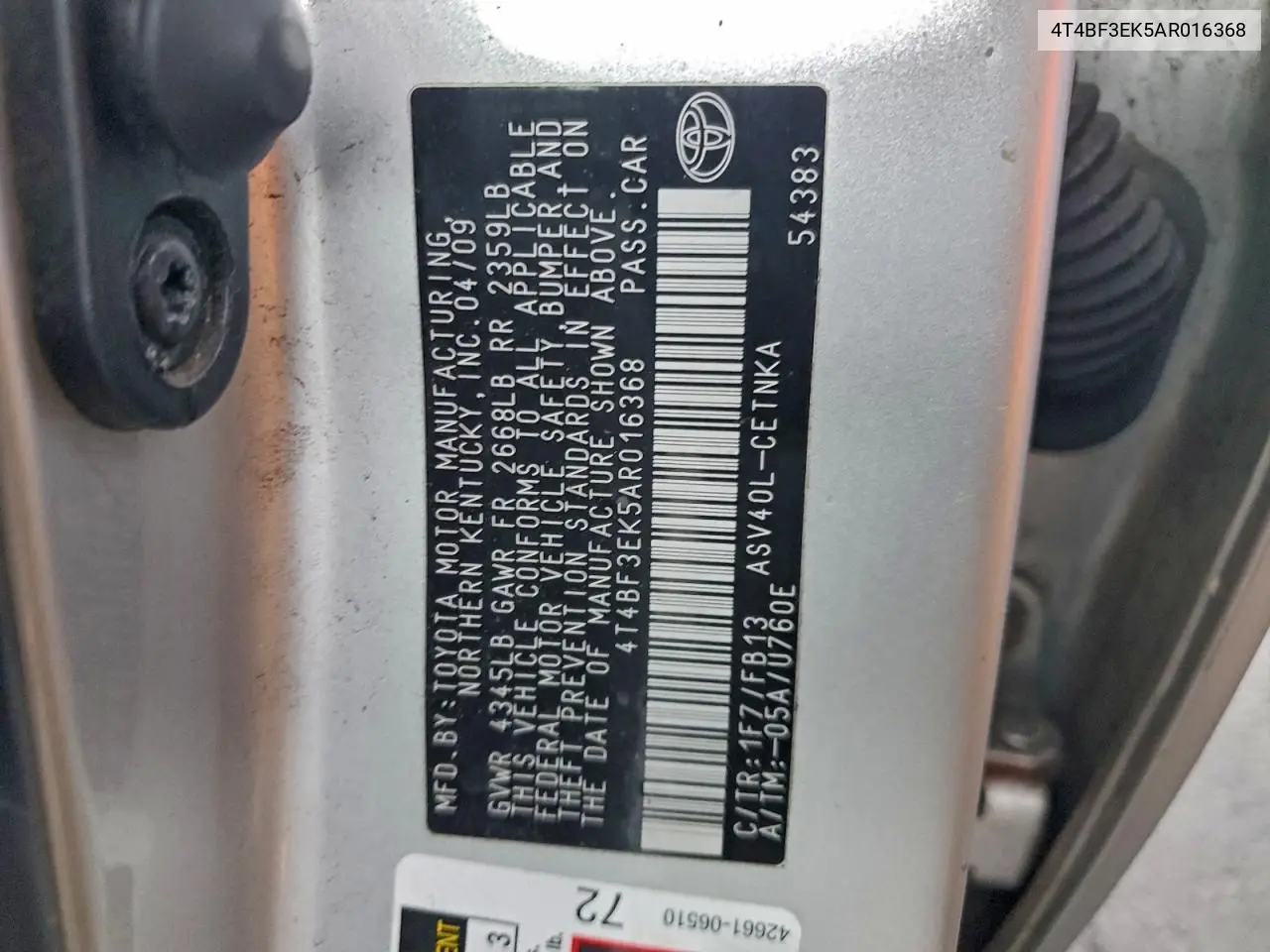 4T4BF3EK5AR016368 2010 Toyota Camry Base