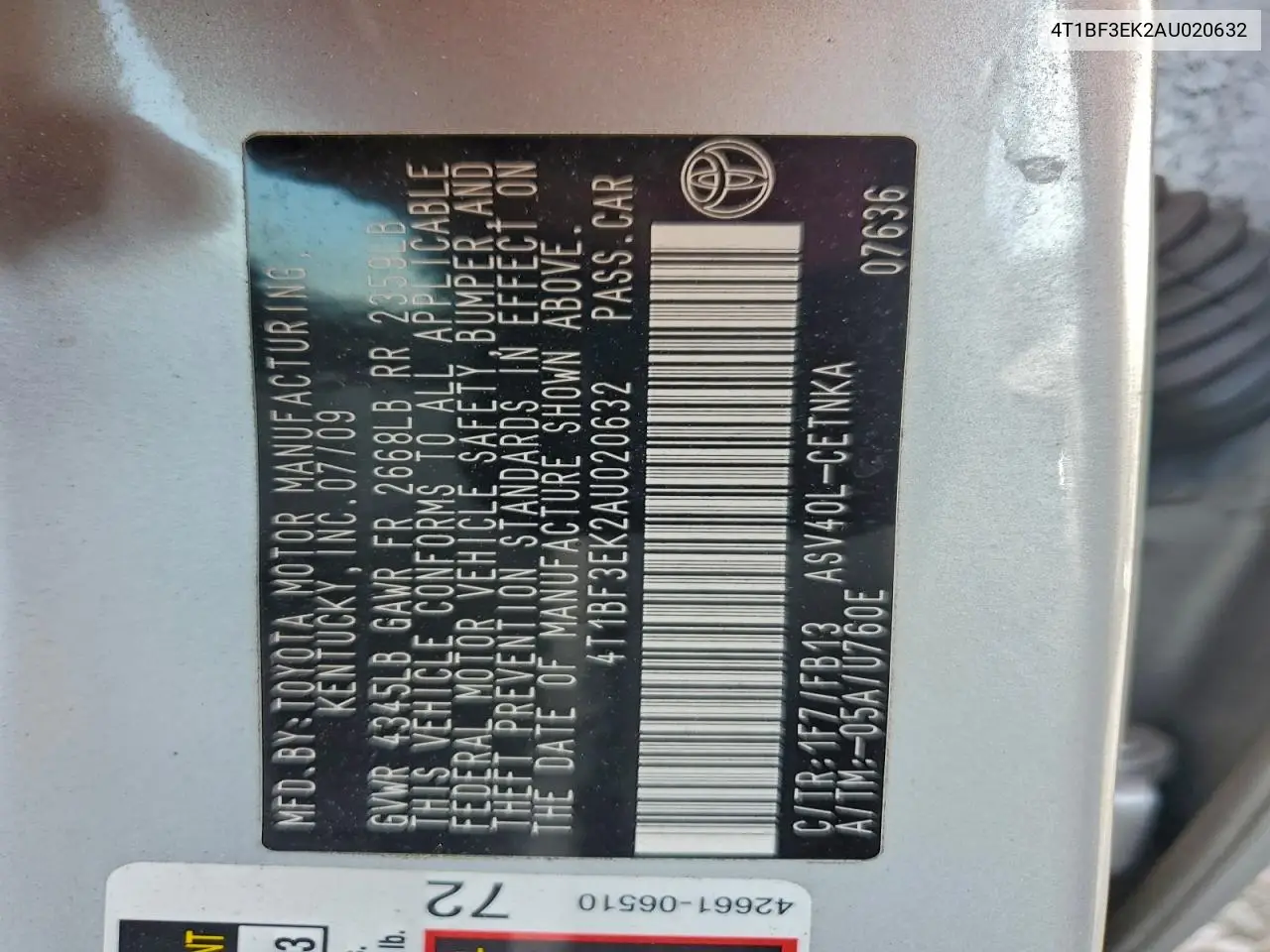 4T1BF3EK2AU020632 2010 Toyota Camry Base