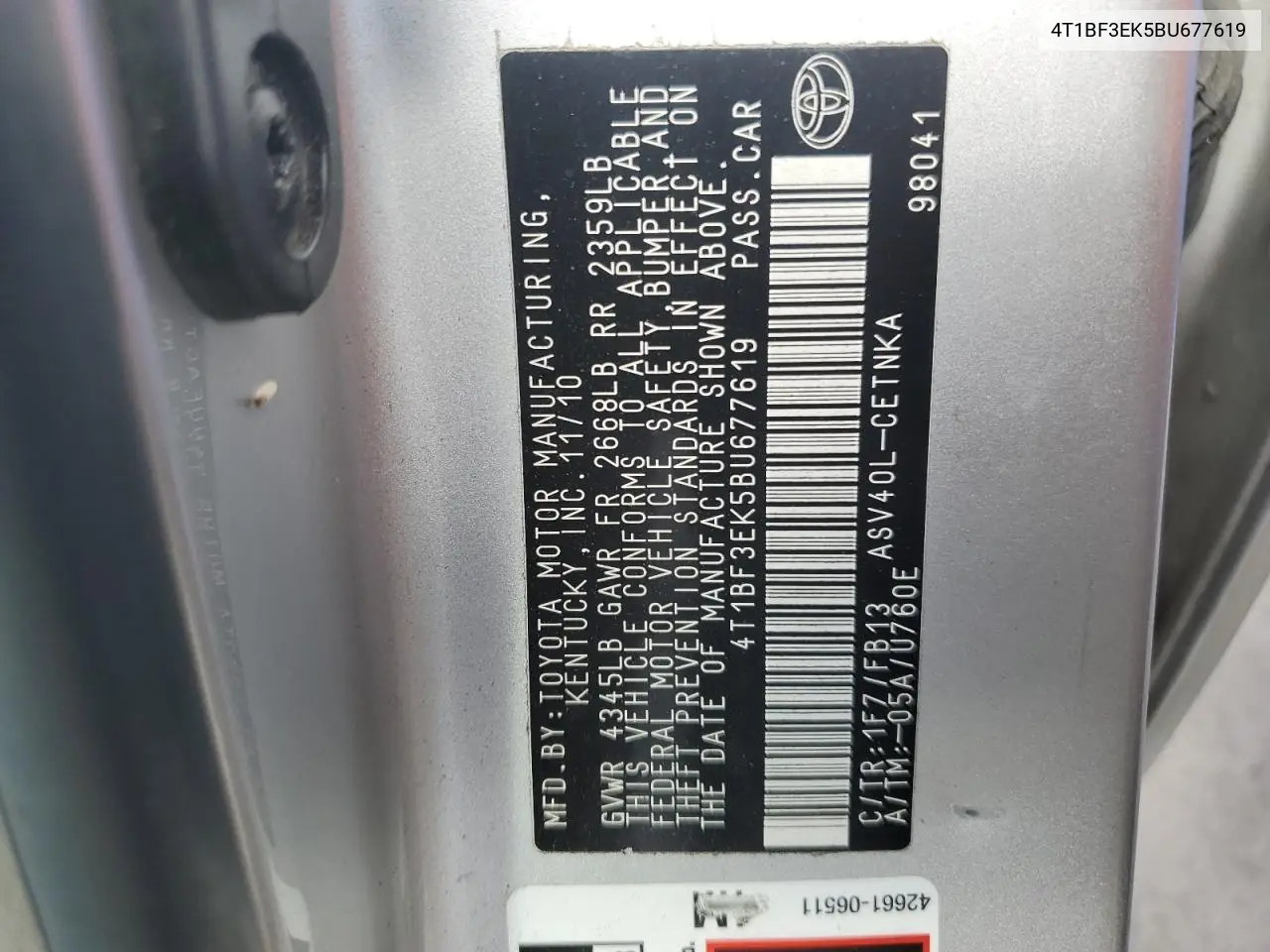 4T1BF3EK5BU677619 2011 Toyota Camry Base
