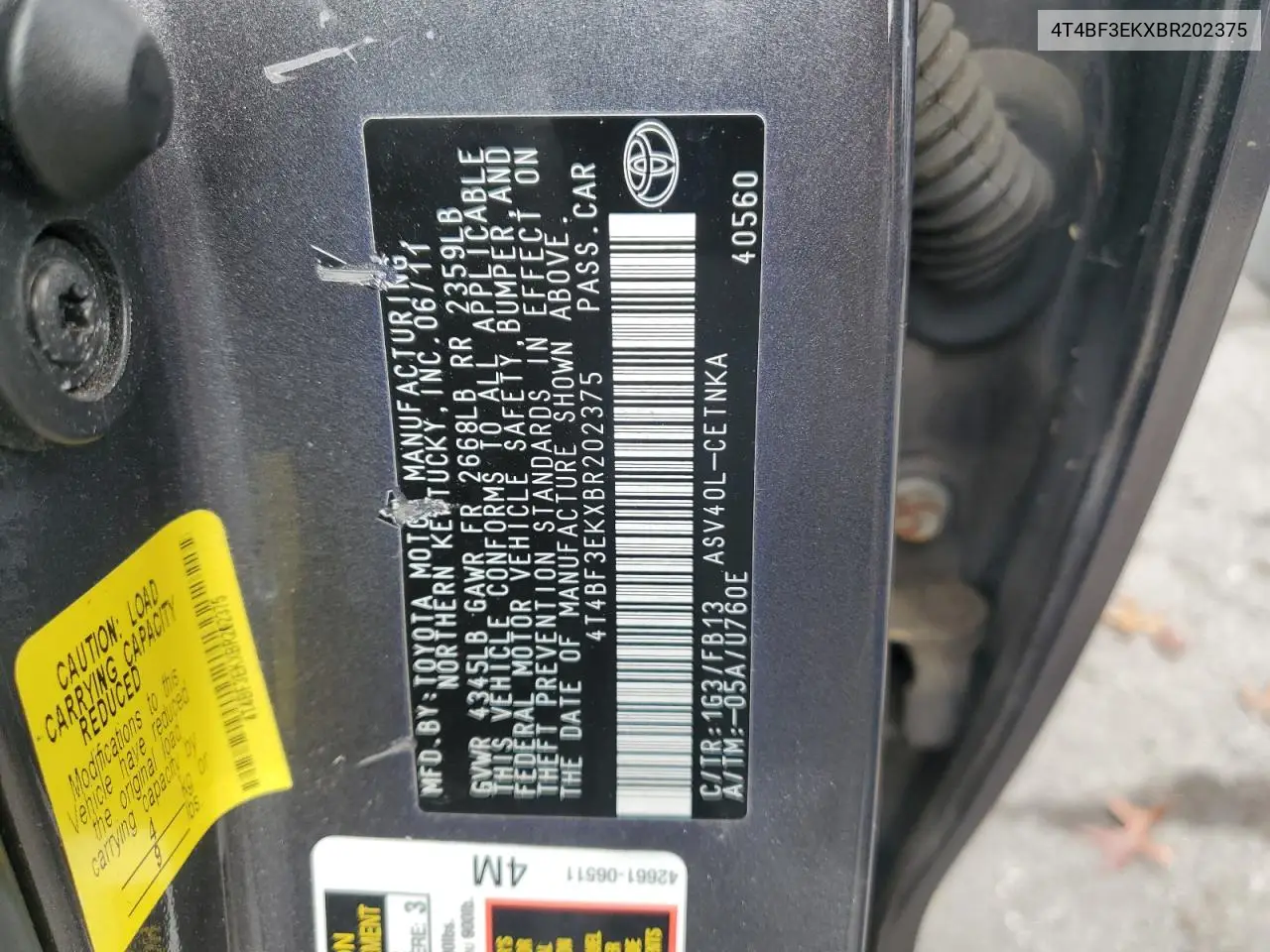 4T4BF3EKXBR202375 2011 Toyota Camry Base