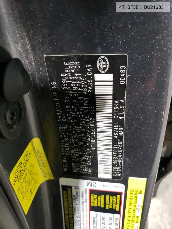 4T1BF3EK1BU216031 2011 Toyota Camry Base