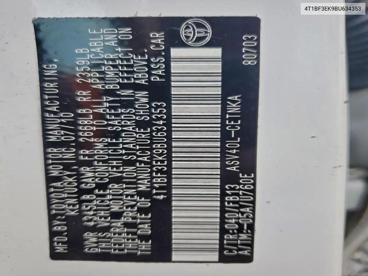4T1BF3EK9BU634353 2011 Toyota Camry Base