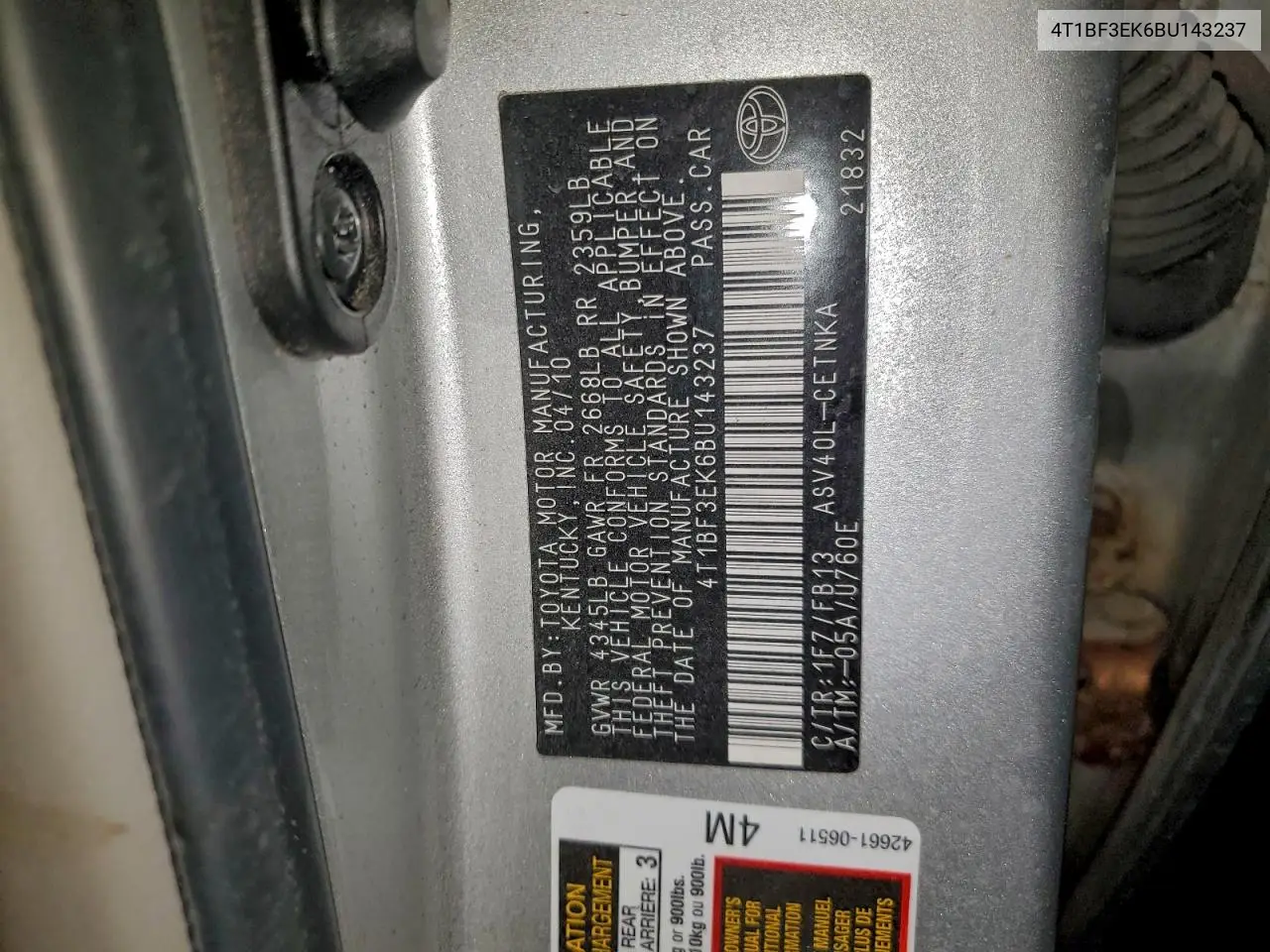 4T1BF3EK6BU143237 2011 Toyota Camry Base