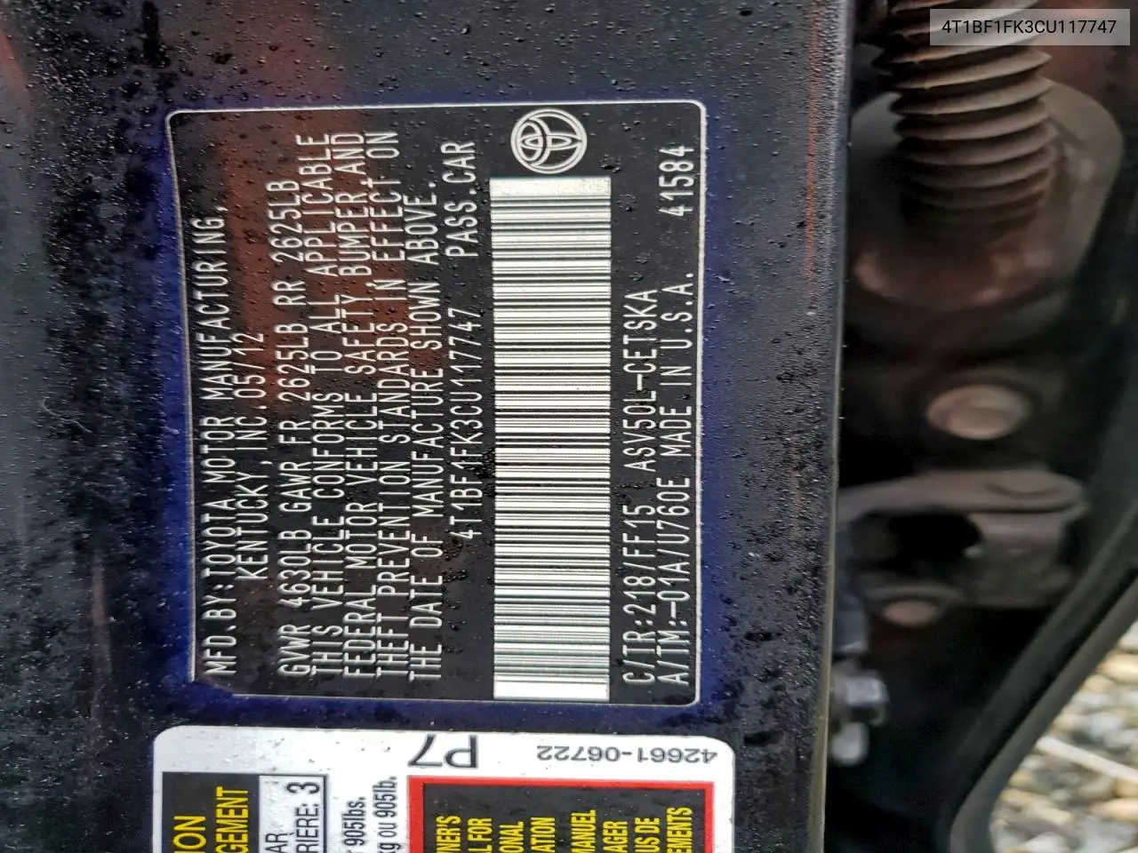 4T1BF1FK3CU117747 2012 Toyota Camry Base