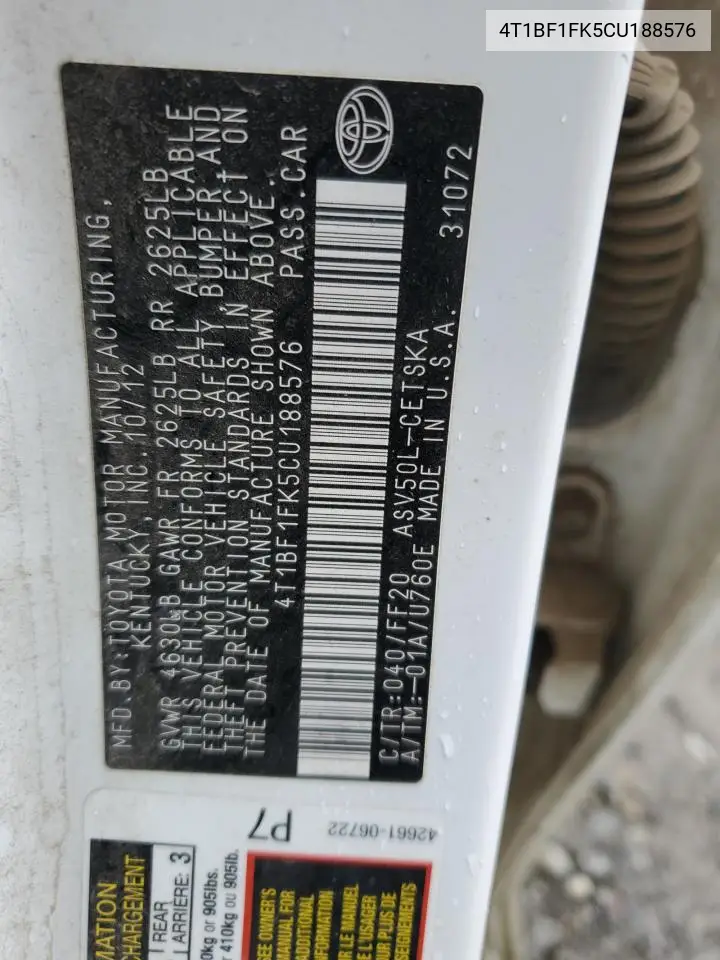 4T1BF1FK5CU188576 2012 Toyota Camry Base