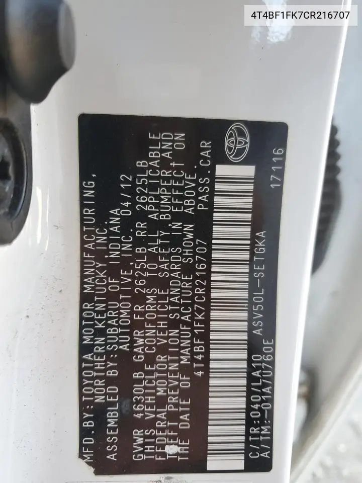 4T4BF1FK7CR216707 2012 Toyota Camry Base