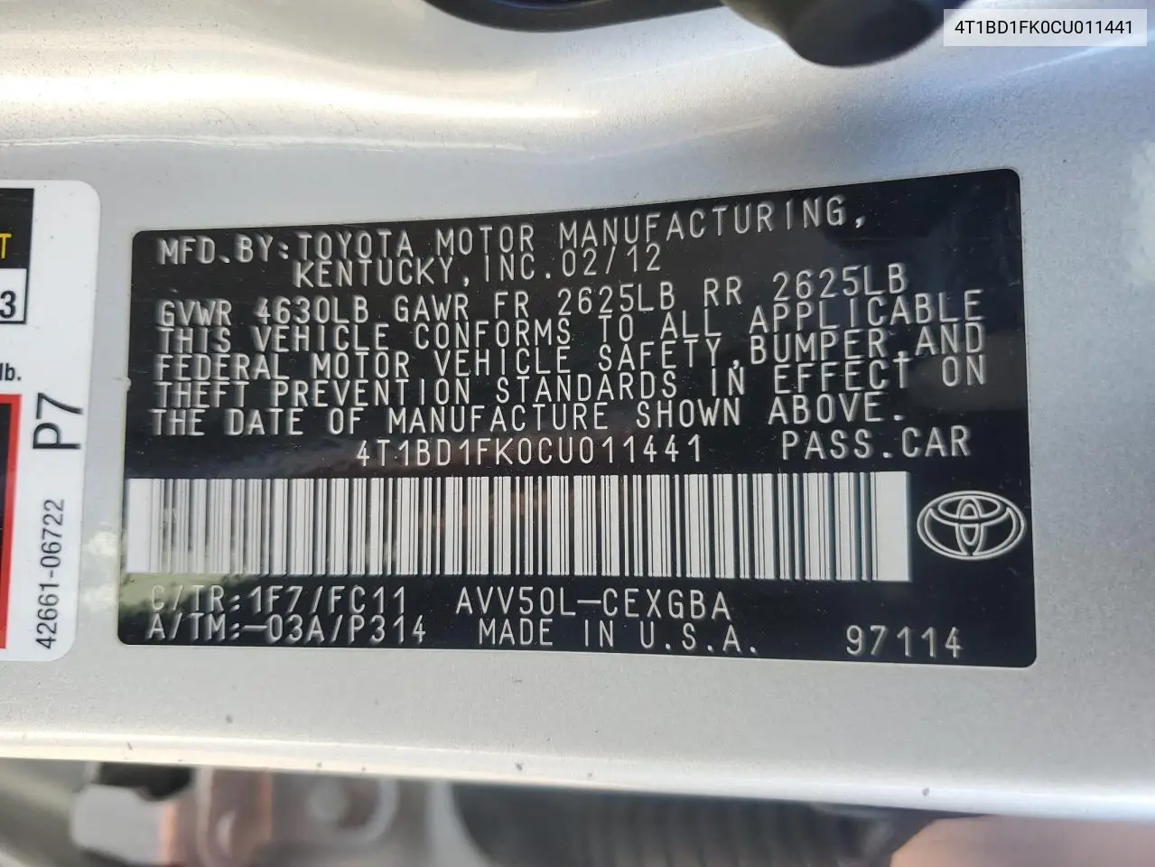 4T1BD1FK0CU011441 2012 Toyota Camry Hybrid