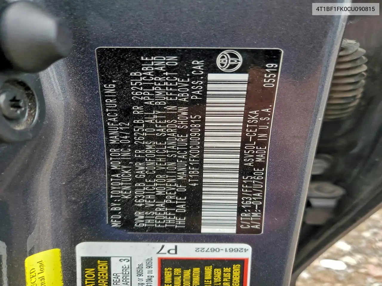 4T1BF1FK0CU090815 2012 Toyota Camry Base