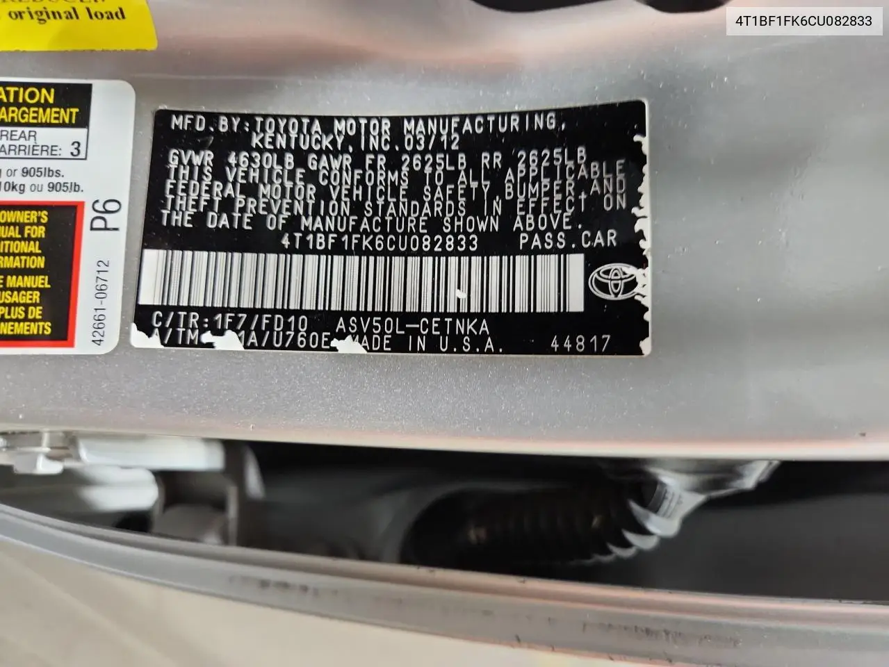4T1BF1FK6CU082833 2012 Toyota Camry Base