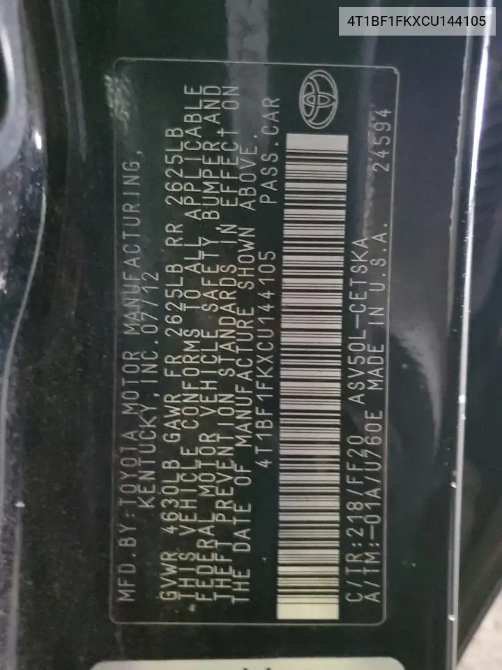 4T1BF1FKXCU144105 2012 Toyota Camry Base