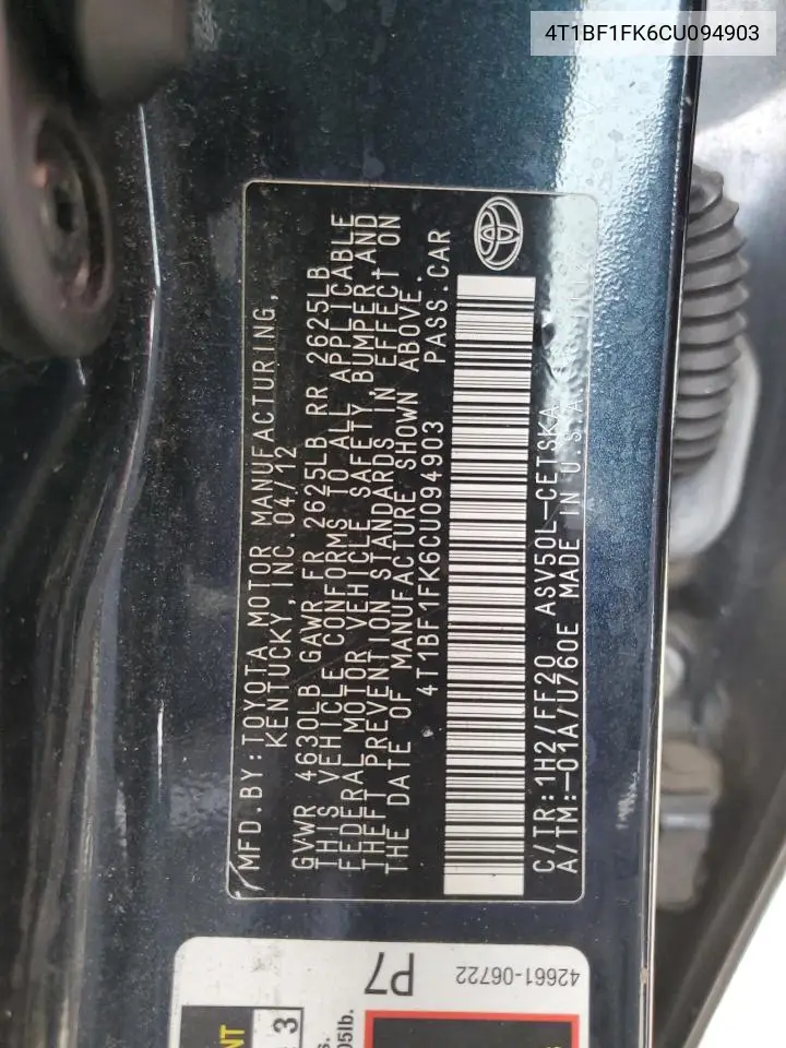 4T1BF1FK6CU094903 2012 Toyota Camry Base