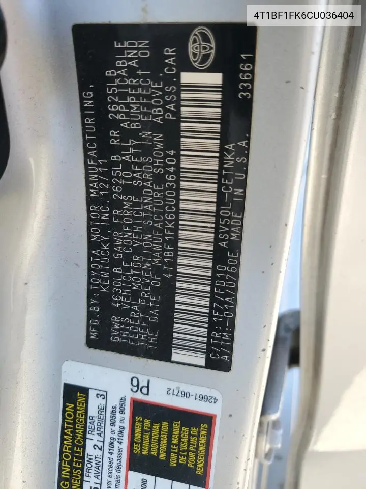 4T1BF1FK6CU036404 2012 Toyota Camry Base