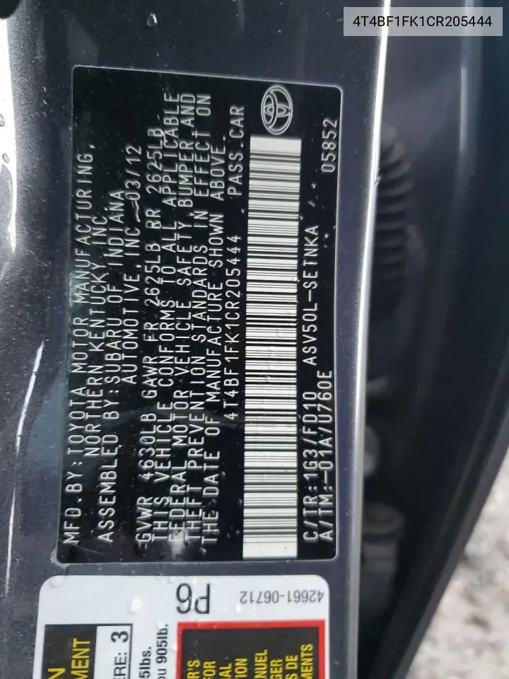 4T4BF1FK1CR205444 2012 Toyota Camry Base