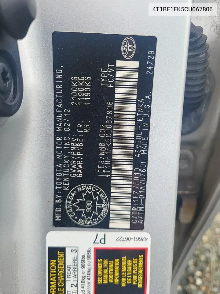 4T1BF1FK5CU067806 2012 Toyota Camry Base