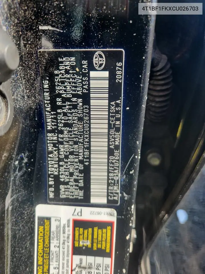 4T1BF1FKXCU026703 2012 Toyota Camry Base