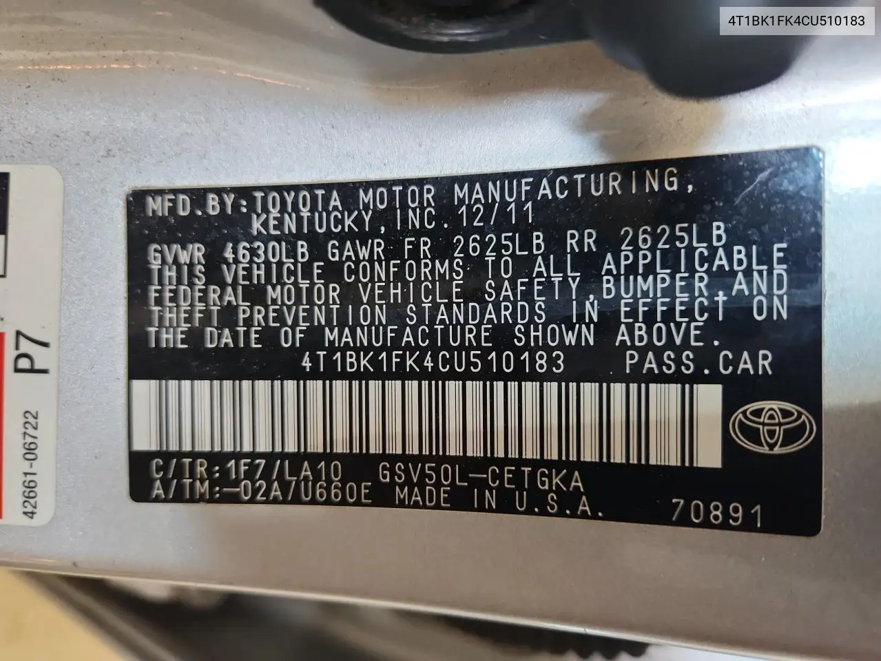 4T1BK1FK4CU510183 2012 Toyota Camry Se