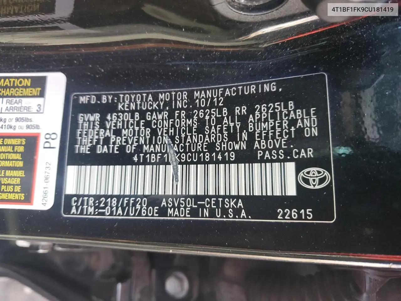 4T1BF1FK9CU181419 2012 Toyota Camry Base