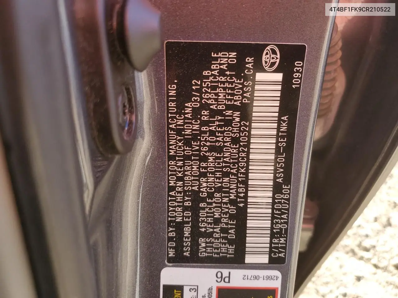 4T4BF1FK9CR210522 2012 Toyota Camry Base