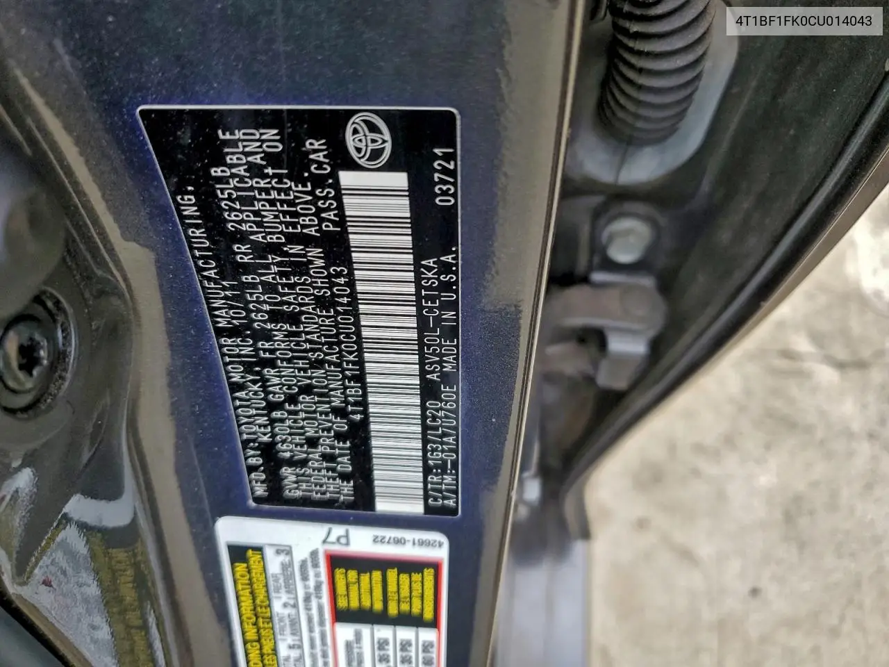 4T1BF1FK0CU014043 2012 Toyota Camry Base
