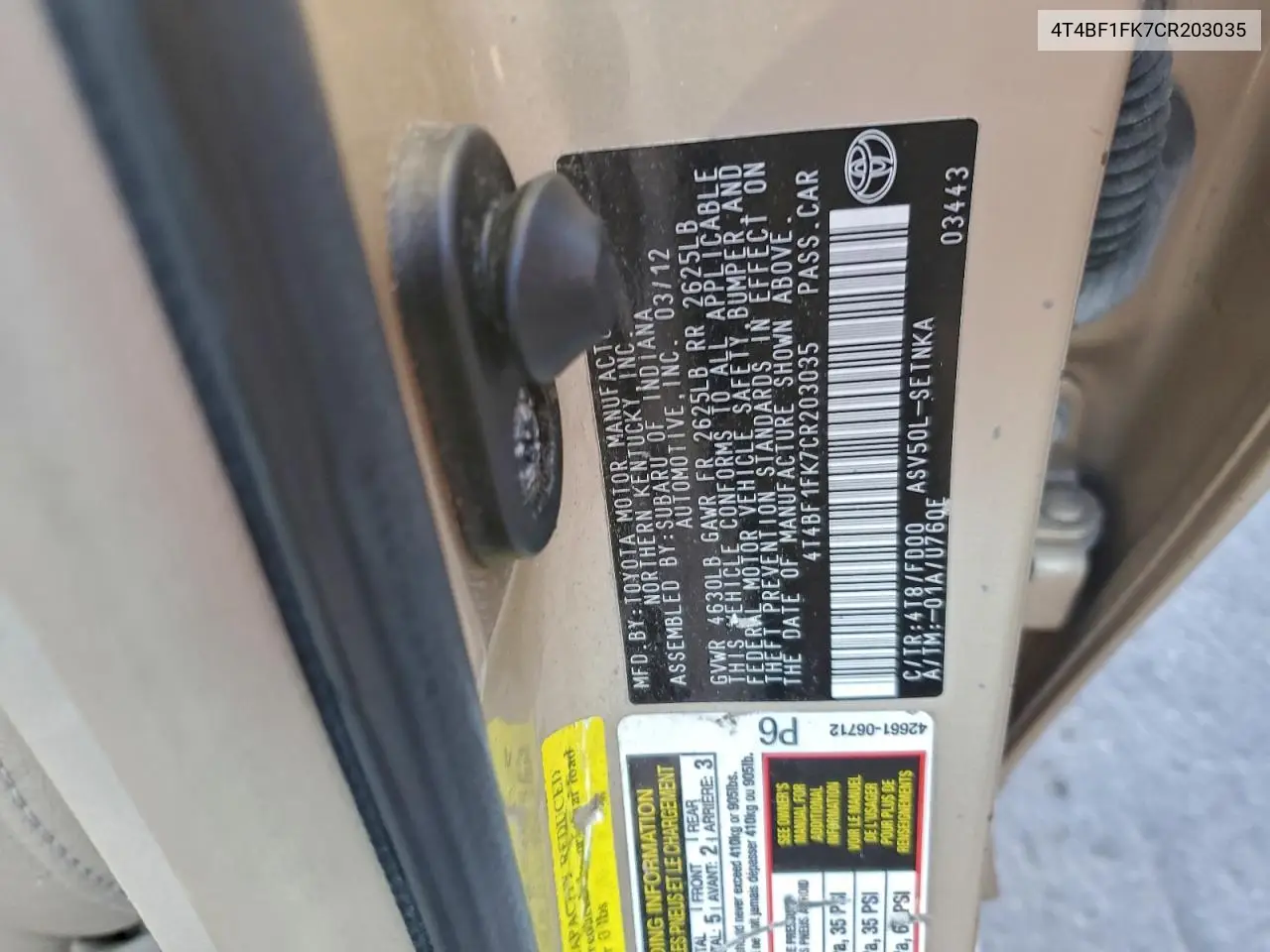 4T4BF1FK7CR203035 2012 Toyota Camry Base