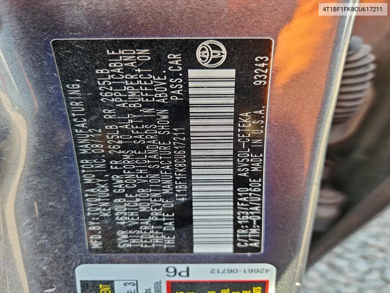 4T1BF1FK8CU617211 2012 Toyota Camry Base