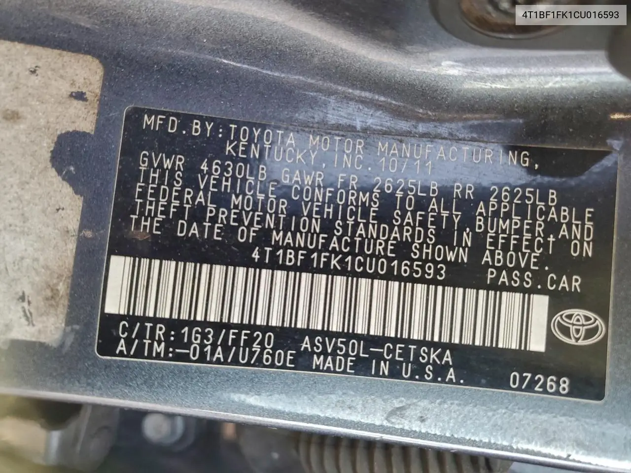 4T1BF1FK1CU016593 2012 Toyota Camry Base