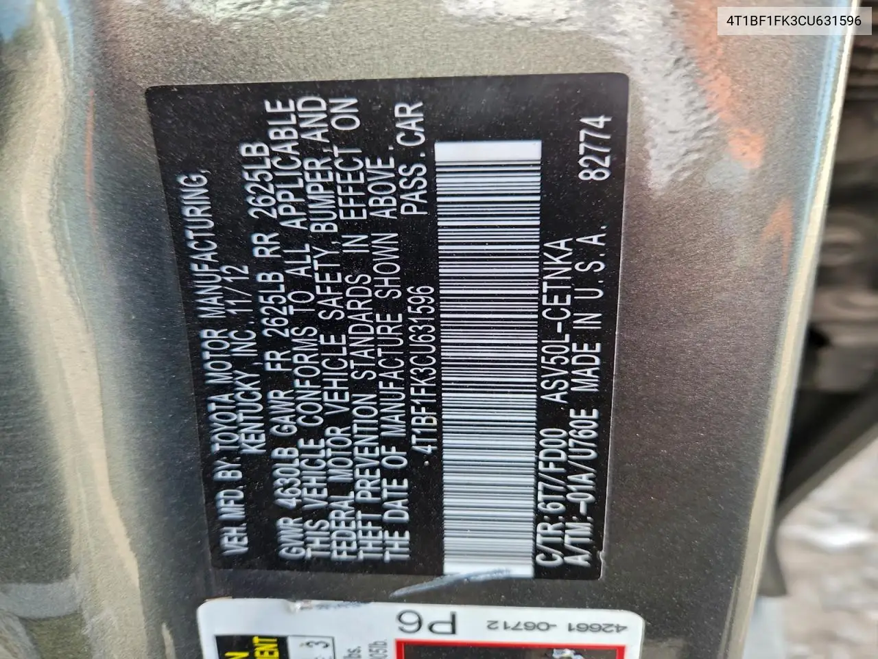 4T1BF1FK3CU631596 2012 Toyota Camry Base