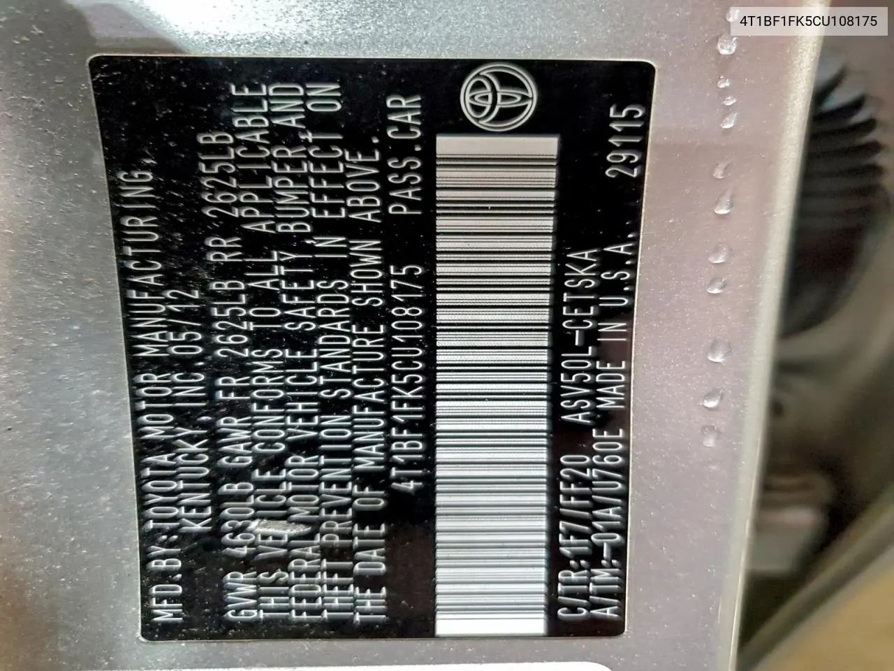 4T1BF1FK5CU108175 2012 Toyota Camry Base