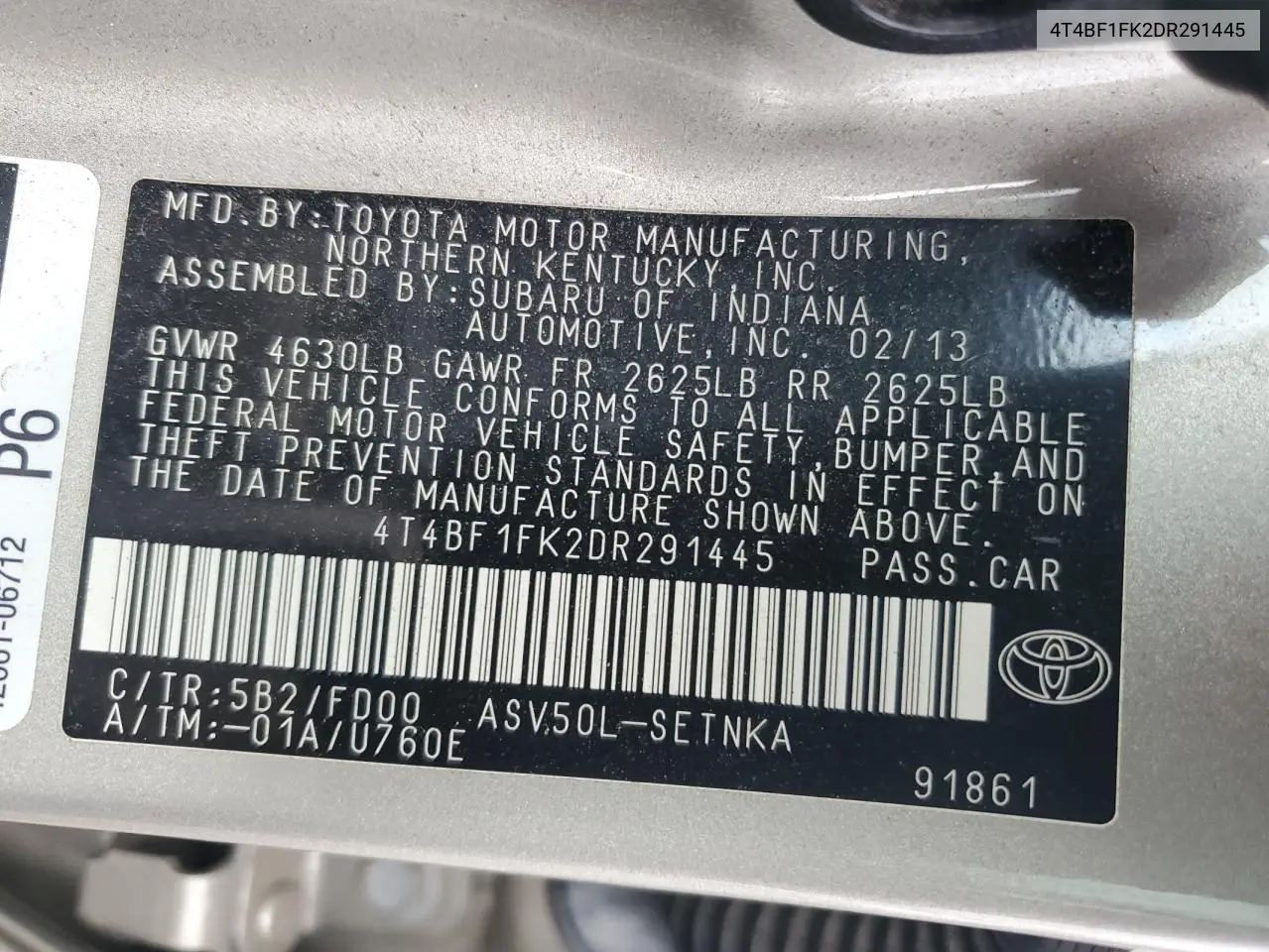 4T4BF1FK2DR291445 2013 Toyota Camry L