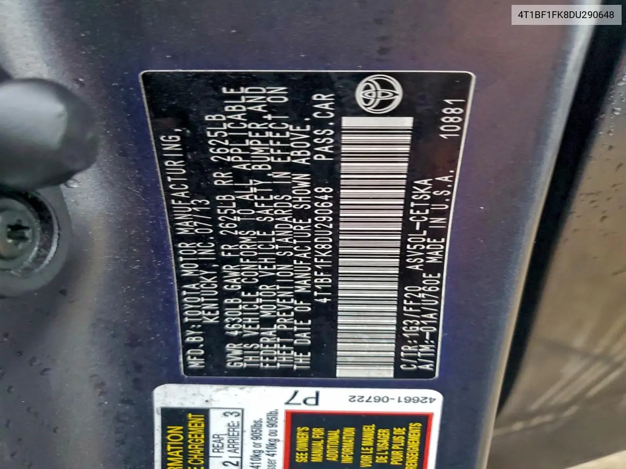 4T1BF1FK8DU290648 2013 Toyota Camry L