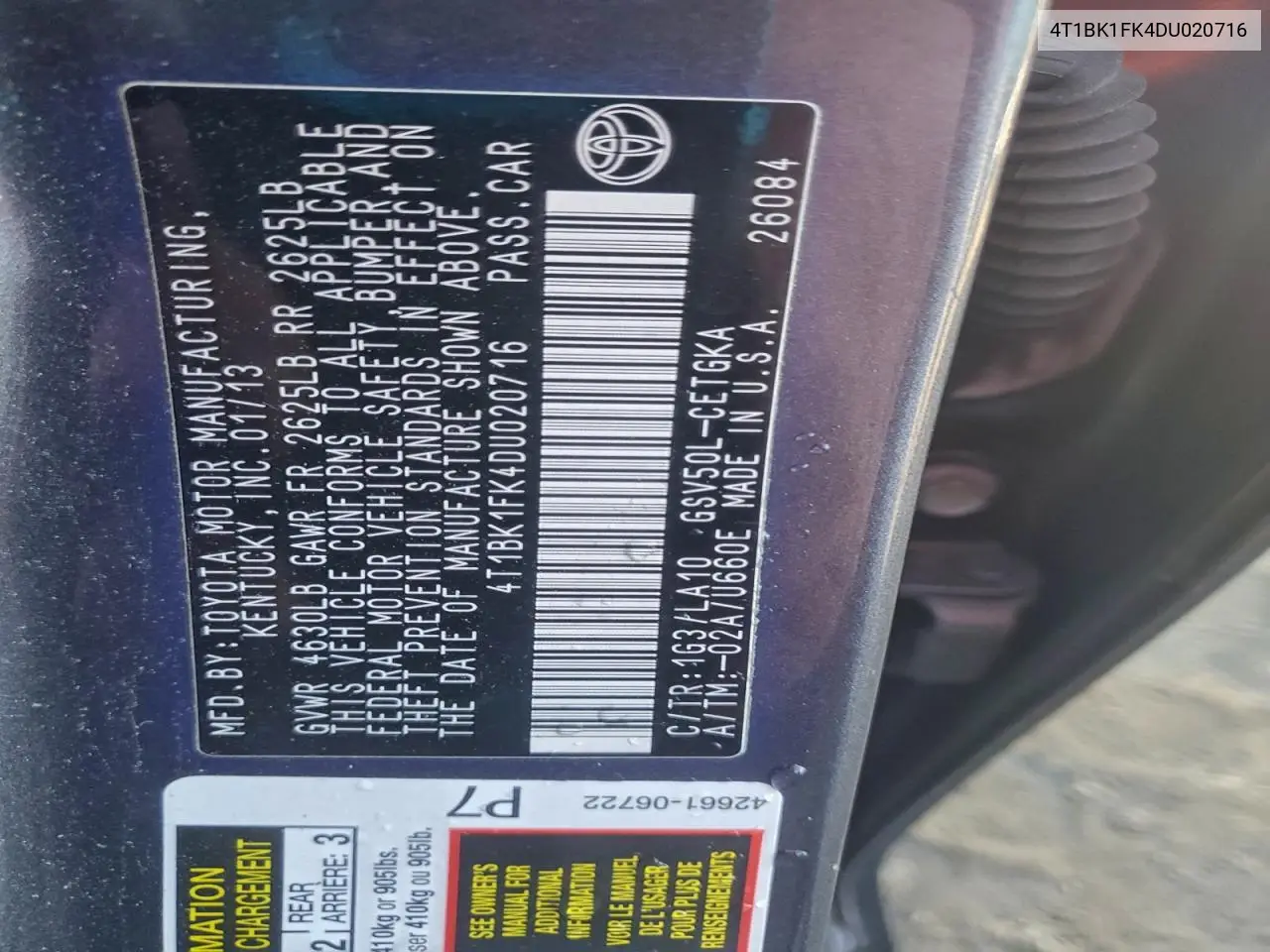 4T1BK1FK4DU020716 2013 Toyota Camry Se