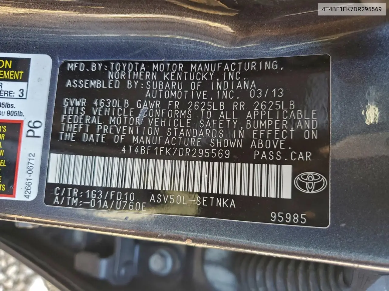 4T4BF1FK7DR295569 2013 Toyota Camry L