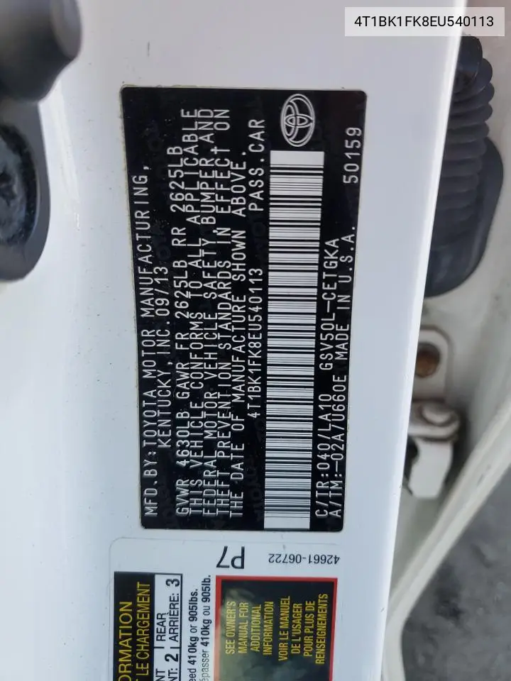 4T1BK1FK8EU540113 2014 Toyota Camry Se