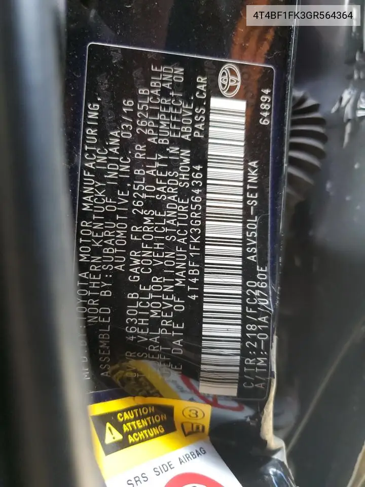 4T4BF1FK3GR564364 2016 Toyota Camry Le