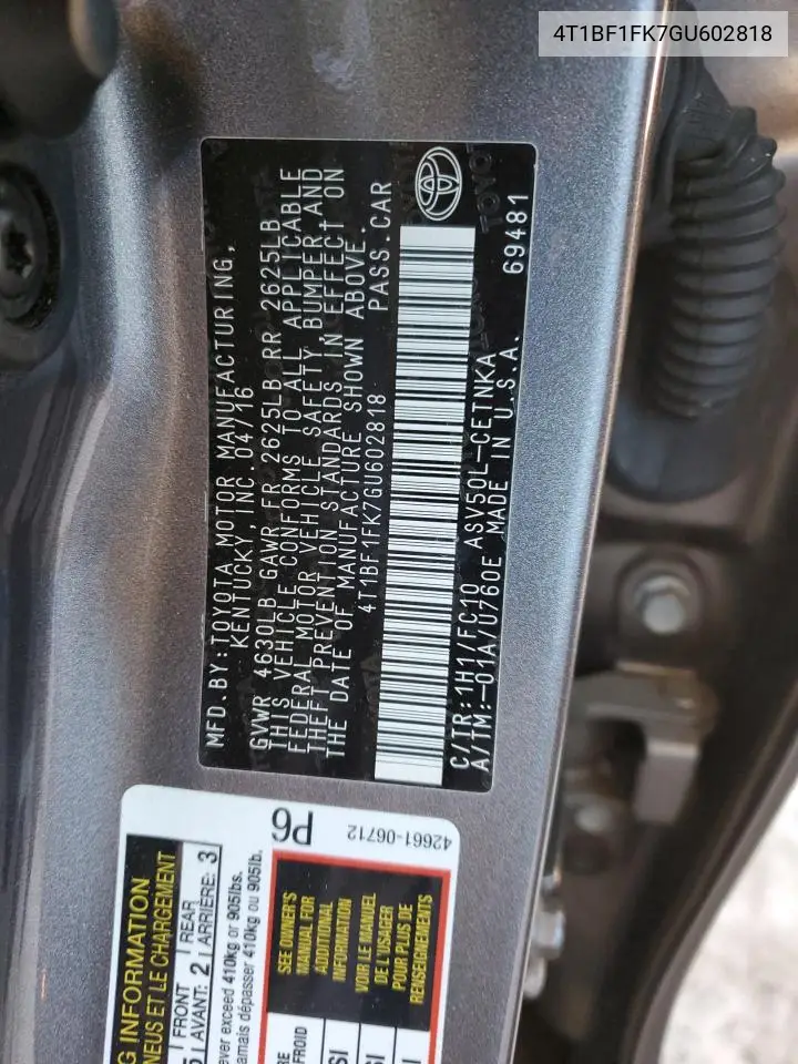 4T1BF1FK7GU602818 2016 Toyota Camry Le