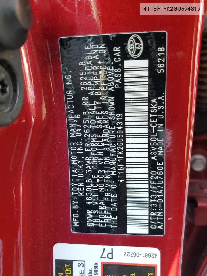 4T1BF1FK2GU594319 2016 Toyota Camry Le
