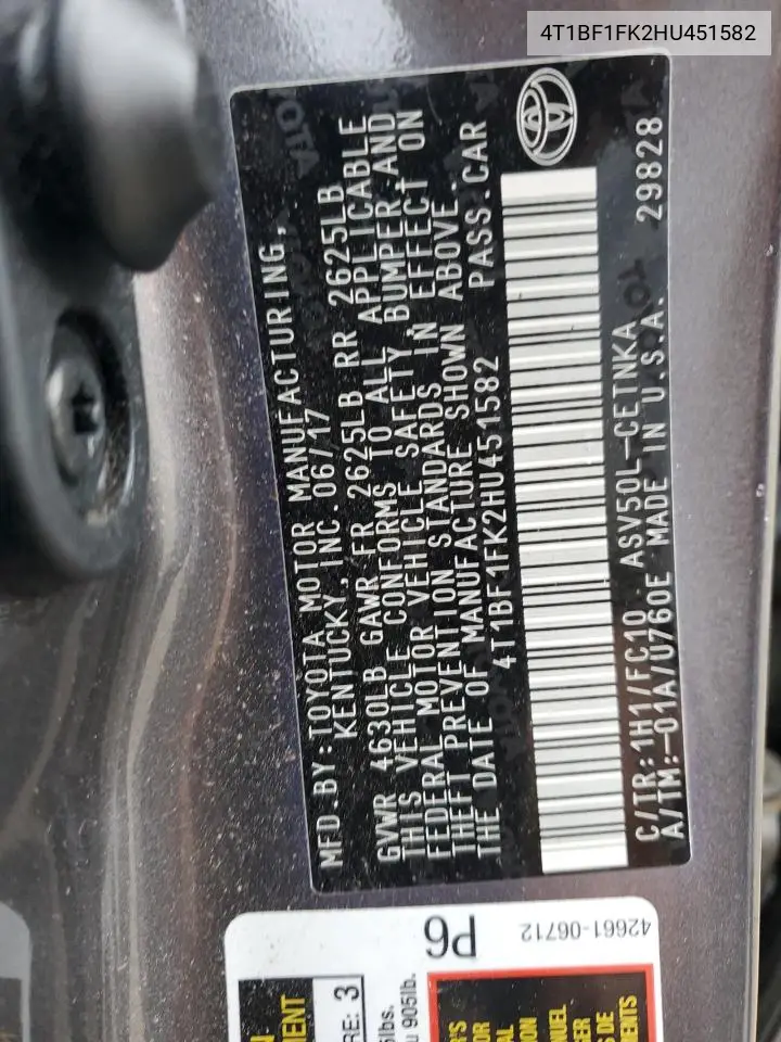 4T1BF1FK2HU451582 2017 Toyota Camry Le