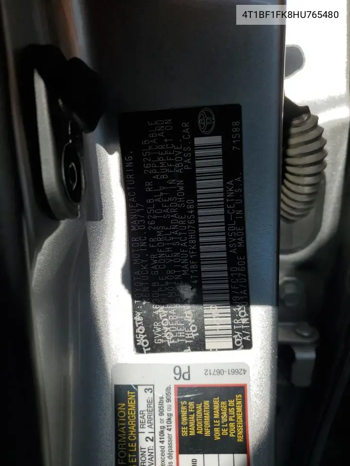 4T1BF1FK8HU765480 2017 Toyota Camry Le