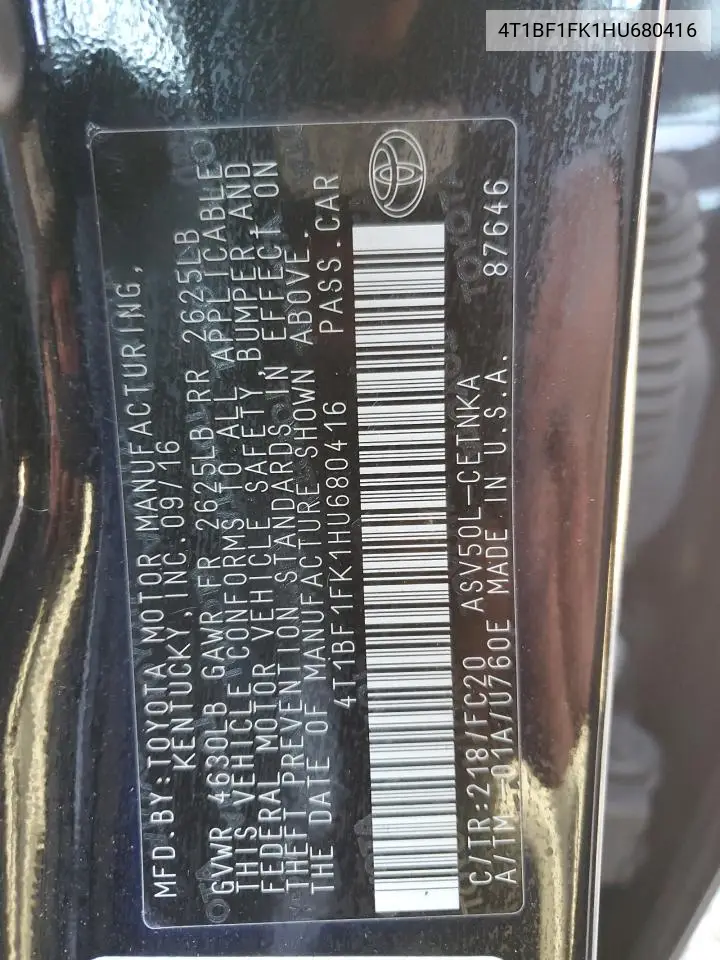 4T1BF1FK1HU680416 2017 Toyota Camry Le