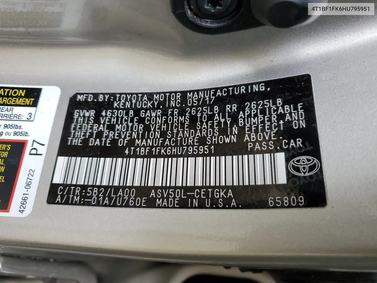 4T1BF1FK6HU795951 2017 Toyota Camry Le